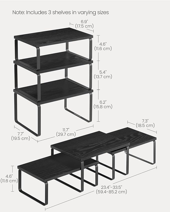SONGMICS Cabinet Organizer Shelf, Set of 3 Kitchen Counter Shelves, Kitchen Storage, Spice Rack, Stackable, Expandable, Anthracite Gray and Matte Black UKCS220B01