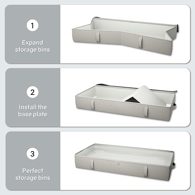2-Pack Under Bed Storage Containers, 8 Inches Tall Underbed Clothes Storage Organizer Bin with Sturdy Sidewalls/Bottom, Under the Bed Storage Bags 2 Storage Bins, Light Grey