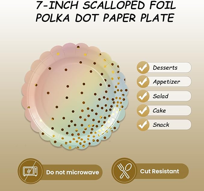 50PCS Pastel Rainbow Paper Plates, 7 Inch Scalloped Colorful and Gold Dot Party Plates Disposable Dessert Plate Cake Plate Pastel Party Supplies Decorations for Birthday Aniversary