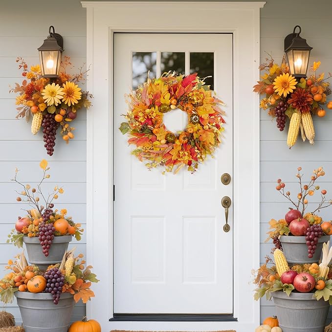 Fall Wreath for Front Door,24" Autumn Front Door Wreath Fall Decorations with Pumpkins Hydrangea Maple Leaves for Porch Window Farmhouse Halloween Thanksgiving Harvest Festival Home Decor