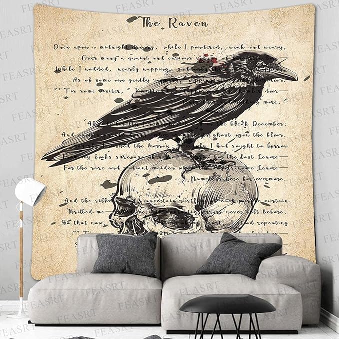 Tapestry Wall Hanging Ancient Raven Hymn Wall Decor for Gothic Rustic Home Room, 84x90 Inches Soft Flannelette, Gothic Skull and Raven Dictionary Poster GTQQAY1546