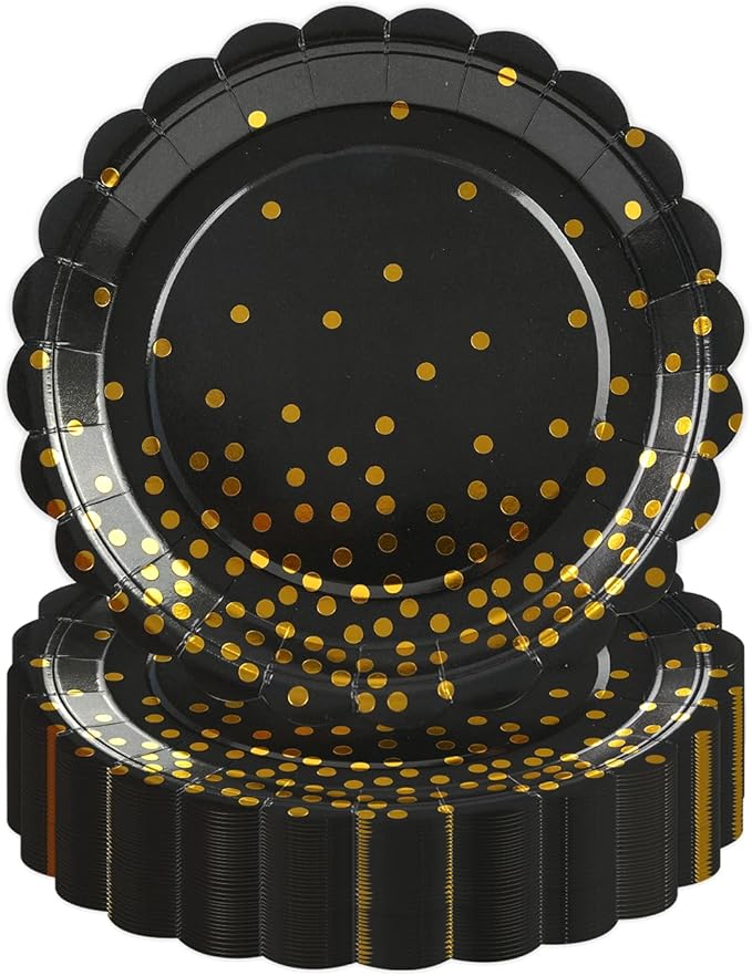 50PCS Black and Gold Paper Plates, 7 Inch Black Scalloped Party Plates Disposable Dessert Plate Cake Plate for Graduation Retirement Aniversary Birthday Dinner