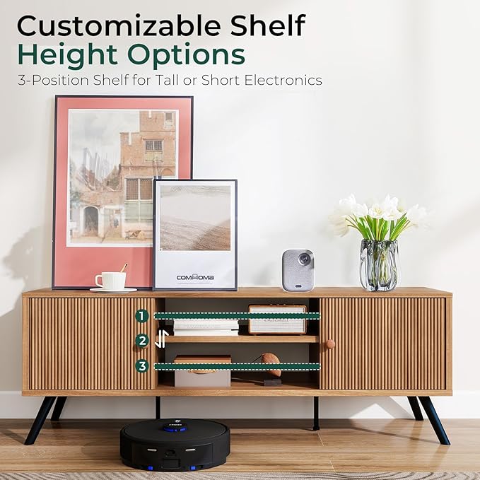 COMHOMA TV Stand for Living Room, Mid Century Modern Entertainment Center for 55/60/65 Inch TVs, Retro Brown TV Console with Fluted Door Cabinets and Open Adjustable Shelve Storage for Bedroom