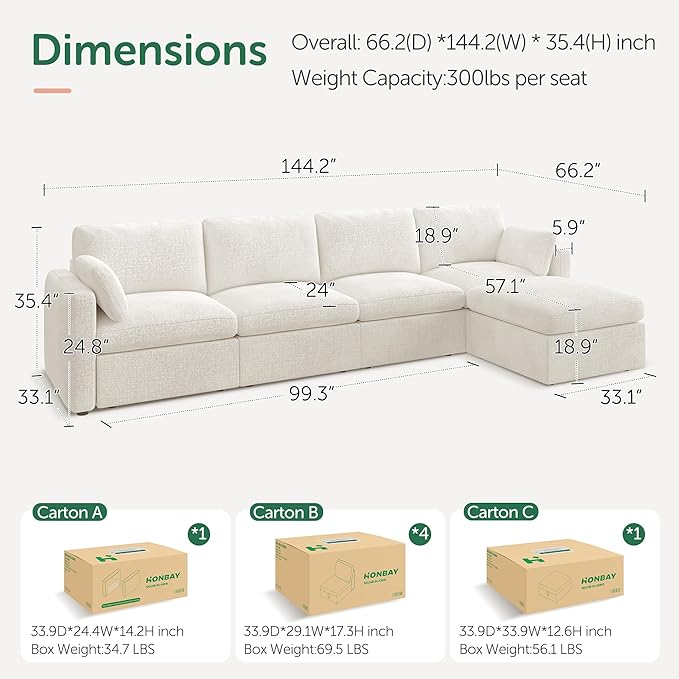 HONBAY Modular Sectional Sofa with Storage Seats, L Shaped Sectional Couch with Storage, Chenille Sectional Couches for Living Room, Beige