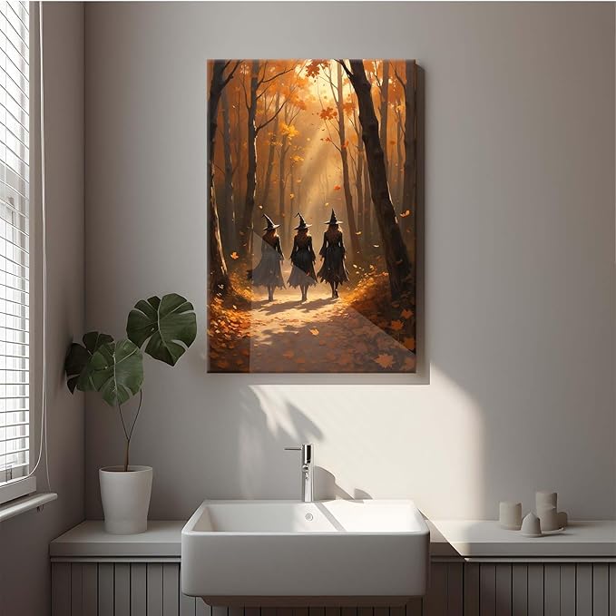 Three witches walking in the forest in autumn canvas painting gothic poster halloween print country witch wall art for home decoration16x24in Wood Framed