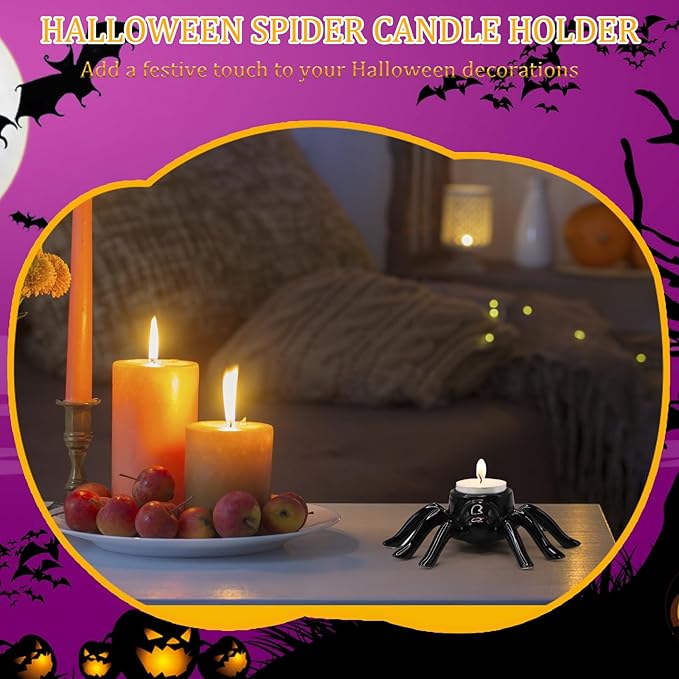 Halloween Ceramic Black Spider Candlestick Holder, Decorative Spooky Candle Stick Holder for Candles, Unique Halloween Decor Gift for Home Decoration