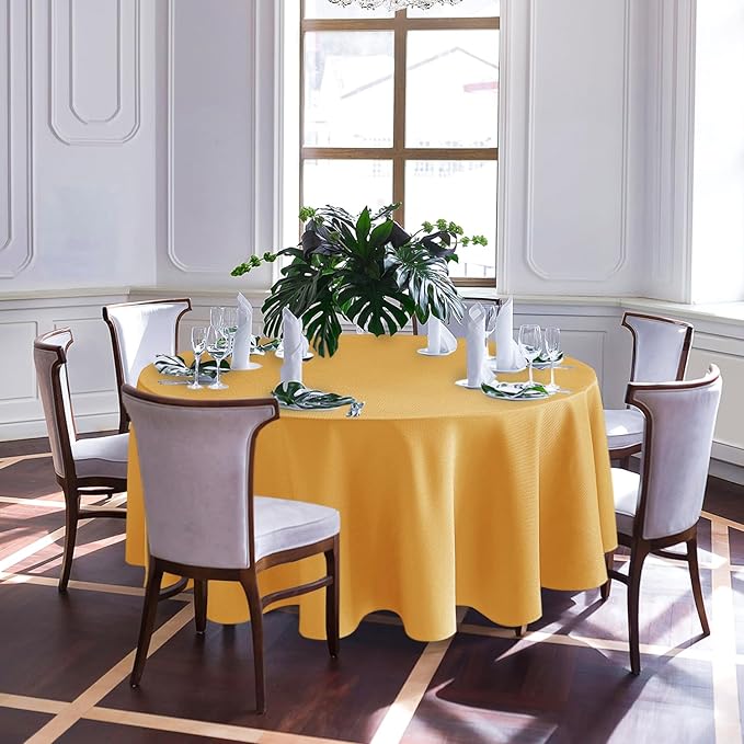 Biscaynebay Fall Tablecloth Textured Fabric Round Tablecloths 90", Fall Gold Thanksgiving Autumn Harvest Water Resistant Fabric Tablecloths for Kitchen, Dining, Wedding, Parties Machine Washable