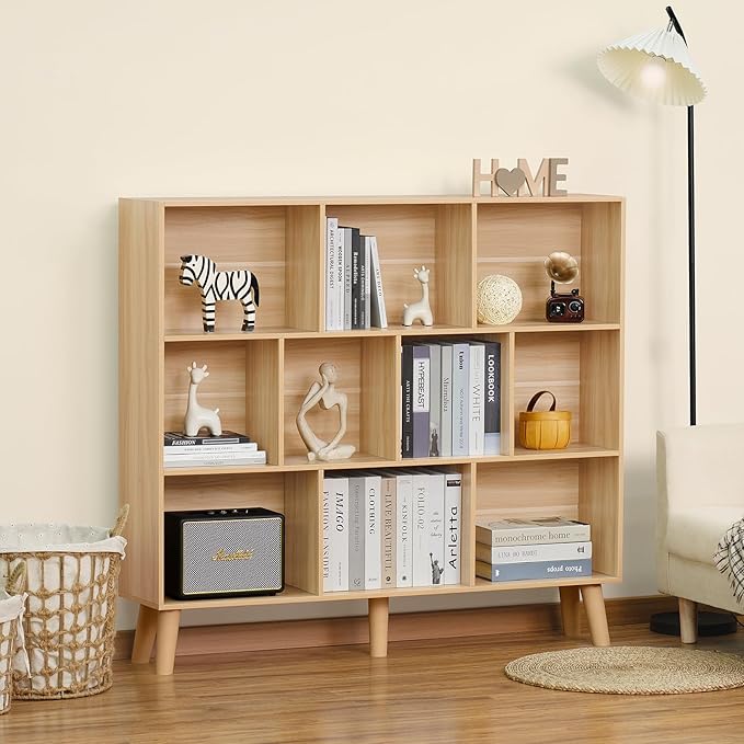 LEYAOYAO 10 Cube Bookshelf,3 Tier Modern Wide Bookcase with Legs,Mid-Century Wood Bookshelves Storage,Natural Large Book Case,Freestanding Organizer Display Shelf for Bedroom,Living Room,Office