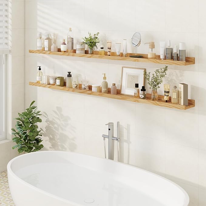 Floating Picture Ledge Shelves 72 Inch Solid Oak Wood Set of 2, Rustic Wall Storage Shelves with Lip, Kids Bookshelf, Photo & Picture Ledge Shelves for Bedroom, Living Room, Kitchen