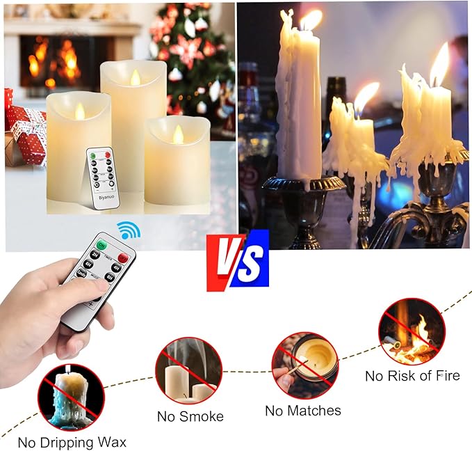 Flameless Battery Operated LED Candles with10key Button Remote Control 24-Hour Timer Set of 3 Electric Flickering Pillar Real Wax，Wedding, Party, Christmas and Home Decoration