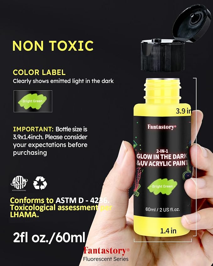 Fantastory Fluorescent Glow in the Dark Paint,60ml /2oz,Neon Colors Glow Acrylic Paints; Waterproof Blacklight Paint for Outdoor Rock,Wood,DIY Craft,Canva,Pumpkin,Halloween,Holiday Decor