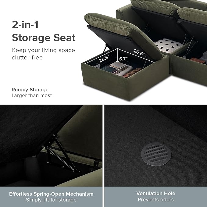 mopio Oversized Modular Sectional Sofa with Fully Removable Covers and Storage, Convertible U, L-Shaped and Sleeper Sectional, Modern Couches with Ottoman Chaise (Olive Green Velvet, 6 Seats, L)