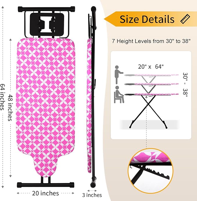 Extra Large Ironing Board with Hang Rail and Iron Rest 63" L x 20" W (Large with Iron Rest (Pink Cover))