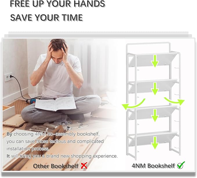 4NM No Assembly Foldable Bookshelf, 4-Shelf Collapsible Bookcase Storage for Small Spaces, 54" H, All White