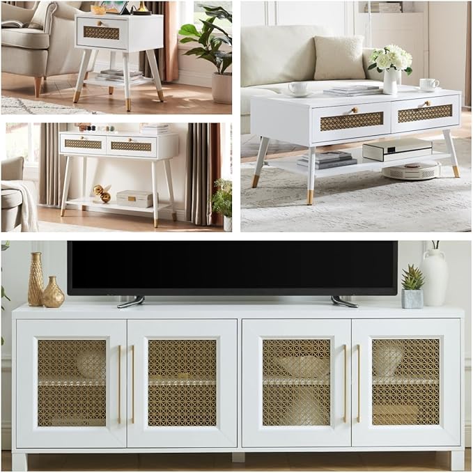 JYED Mid Century Modern TV Stand for TVs up to 75", 69.5" W White Entertainment Center with 4 Gold Metal Mesh Doors - Wood Grain MDF TV Console, Media Storage