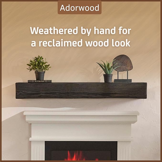 Handmade Fireplace Mantel Shelf 48", Extra Wide Rustic Wood Mantles for Over Fireplace, Wall Mounted Floating Mantel Shelves for Living Room Decor (Ebony, 48Lx6Hx8D)