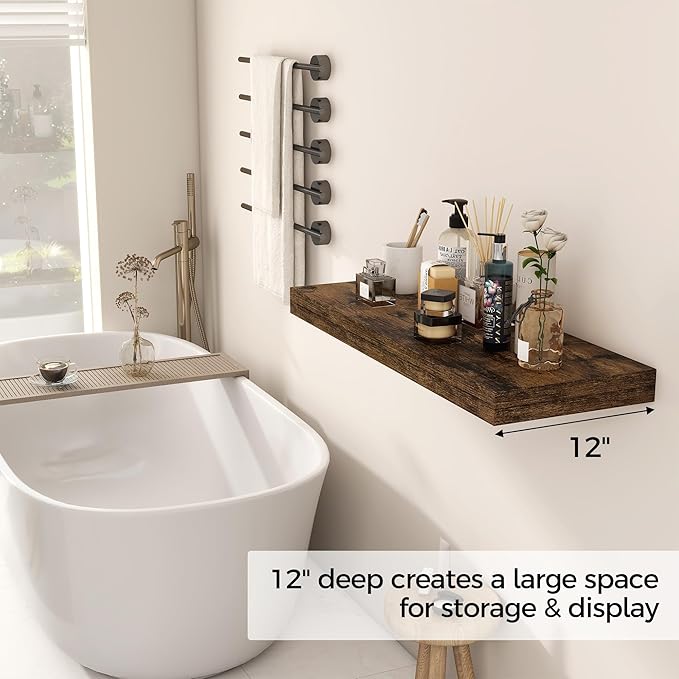 30 Inch Floating Shelves, 12 Inch Deep Floating Shelf for Wall, Rustic Deep Shelves for Books, Bathroom, Living Room, Kitchen, 30 x 12 x 2 Wood Floating Shelves, Rustic Brown Color, Set of 2