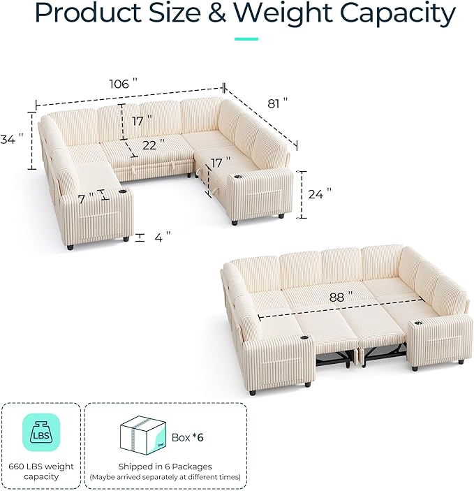 LINSY HOME Sectional Sleeper Sofa with Pull Out Couch Bed - Convertible Plush Corduroy Cloud Couch with Storage Chaise & USB Charging, Comfy Modular Couches for Living Room, Beige