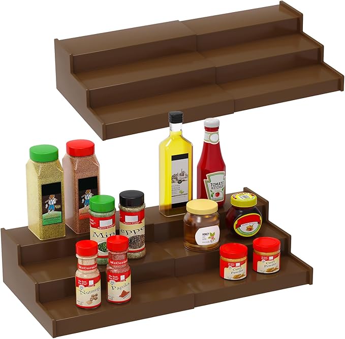 Spice Rack Organizer for Cabinet 2Pack, 3 Tier Expandable Bamboo Spice Storage, Great for Kitchen Cabinet, Cupboard,Pantry and More(Brown)