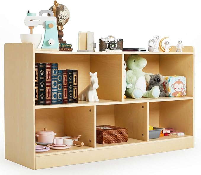 Montessori Shelf, Wooden Toy Storage Organizer for Books Toys, 2 Shelf Bookcase, 5-Section Storage Cabinet, Toddler Book Shelf for Kids Rooms, Playroom, Nursery, Kindergarten (Natural)