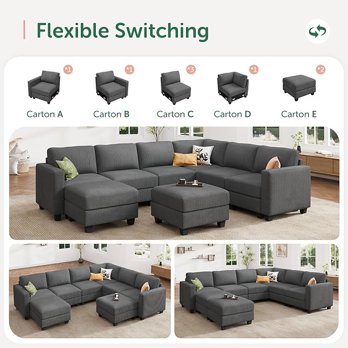 HONBAY Corduroy Sectional Couch with Storage U Shaped Sectional Sofa Modular Sectional Couches for Living Room, Dark Gray