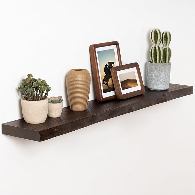 Fun Memories 40" Floating Shelves for Wall, Live Edge Solid Elm Wood Floating Shelf with Invisible Bracket, Wall Mounted Display Wooden Shelves for Bathroom, Kitchen, Bedroom, Walnut Color, Set of 1