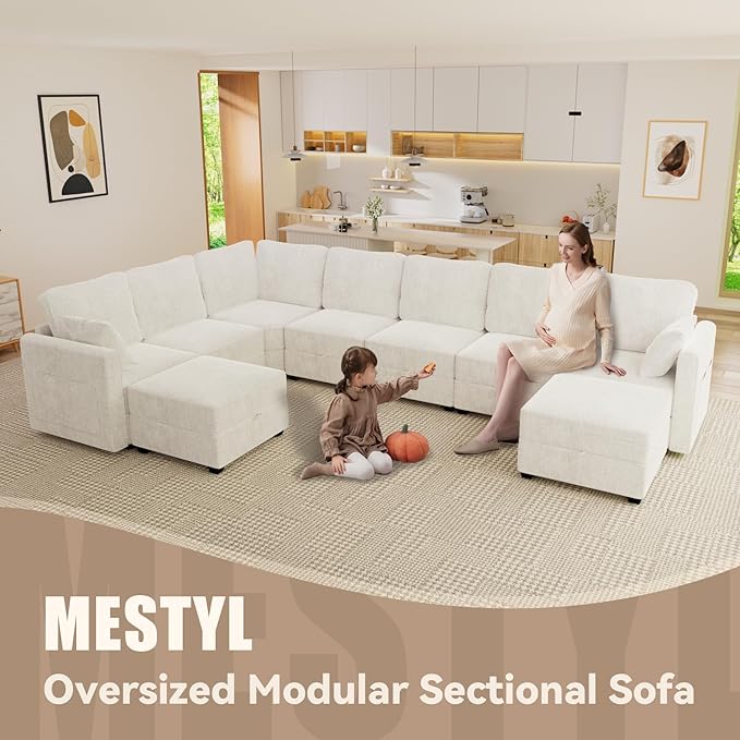mestyl Modular Sectional Sofa Convertible L Shaped Sofa Couch Set with Storage for Living Room, Modern 4 Seater Modular Sectional Couch with Movable Ottoman (Beige)