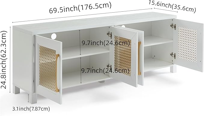 JYED Mid Century Modern TV Stand for TVs up to 75", 69.5" W White Entertainment Center with 4 Gold Metal Mesh Doors - Wood Grain MDF TV Console, Media Storage