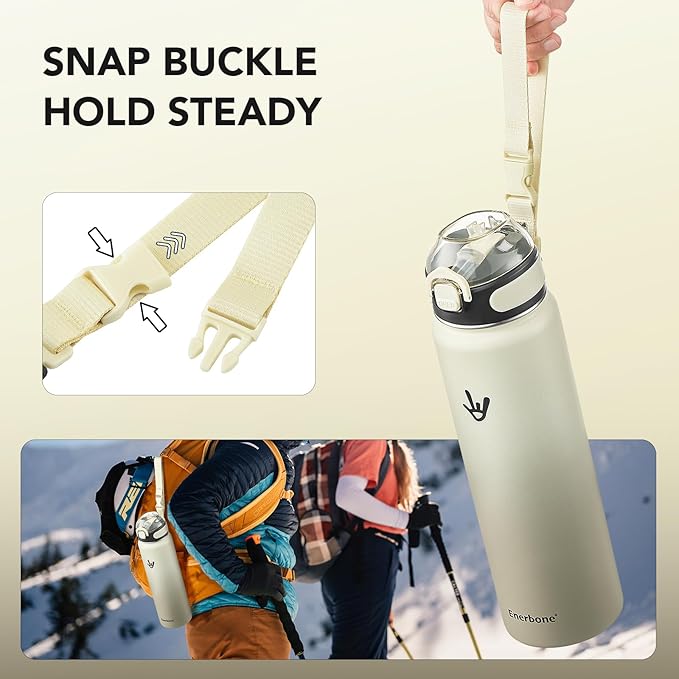 Enerbone 32 oz Insulated Water Bottle, Stainless Steel Bottle with Carrying Strap, Double-Wall Vacuum Insulation Design, Leakproof Sports Bottle with Straw, Keep Drinks Cold or Hot for Hours