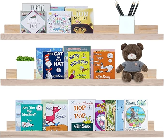 AZSKY Floating Picture Shelves 24 Inch a Set of 3 Wall Mount Long Narrow Photo Ledge Photo Frame Display Shelf Vintage Bookshelf for Nursery Mounting Hardware Included