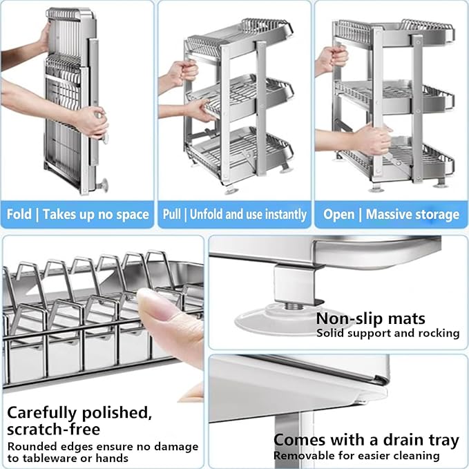 Dish Drying Rack with Drain Board - Rustproof Stainless Steel Dish Rack with Utensil Holder,Dish Racks for Kitchen Counter Over Sink,Over-Sink Drying Rack(Wall-Mounted,Third Floor)