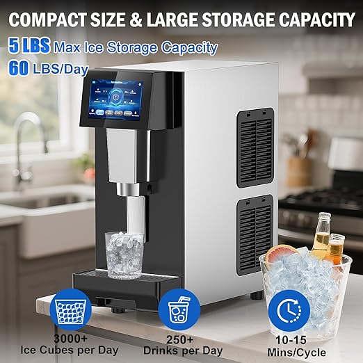 Nugget Ice Maker Countertop, 60 LBS/Day with 5LBS Storage Bin, Water Dispenser Countertop Ice Maker Machine Stainless Steel, Soft Chewable Pellet Ice Machine for Home Bar Kitchen Office, Self-Cleaning