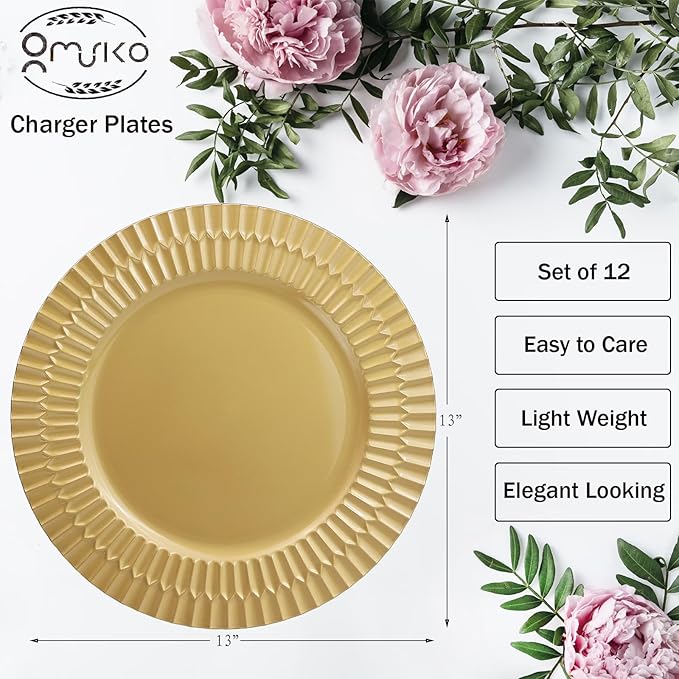 Gold Charger Plates Set of 12, 13" Plastic Chargers for Dinner Plates, SThanksgiving, Christmas Party Banquet Serveware Supplies