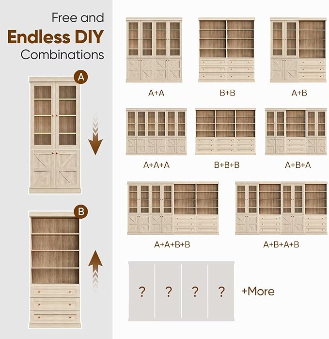 Vyre 71" Tall Farmhouse Bookshelves with Glass Doors, Set of 4 – Large Modular Bookcase with Adjustable Shelves, Storage Cabinet for Living Room, Kitchen, Home Office, Brown