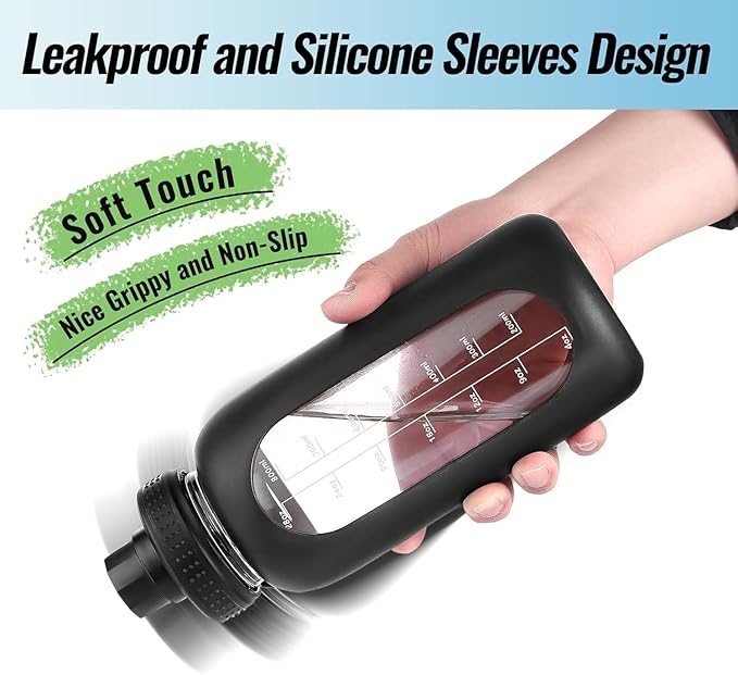 64 oz Glass Water Bottle With Straw and Handle, Half Gallon Sports Motivational Water Jug Flask with Silicone Sleeve, Large Water Cup with Time Marker for Travel, Gym, Dark Purple