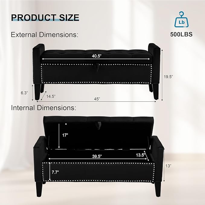 Storage Ottoman Bench, Velvet Upholstered Footstool for Bedroom and Living Room, Tufted Seat with Storage, Wooden Legs & Metal Rivets, Black