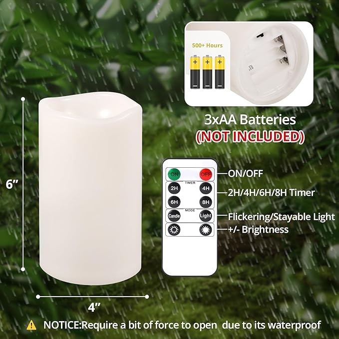 NURADA 6" x 4" Large Outdoor Flameless Candles - Waterproof LED Pillar Flickering Candle Battery Operated with Timer Remote Control for Patio Porch Lanterns Decor - Long Lasting Set of 2