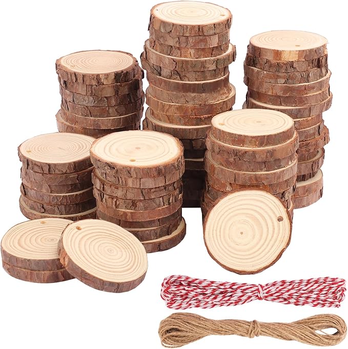 70 PCS 3 Inch Unfinished Wood Slices Hole Wood, Natural Wood Slices, Predrilled with Hole Wood Slice for DIY Arts Craft Christmas Ornaments by GNIEMCKIN