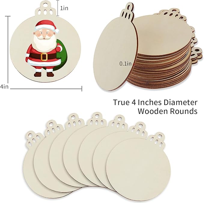 Fuyit 50PCS 4-Inch Wooden Christmas Ornaments, Unfinished Pre-Drilled Wood Slices Circles for DIY Crafts, Party Decorations & Holiday Ornaments