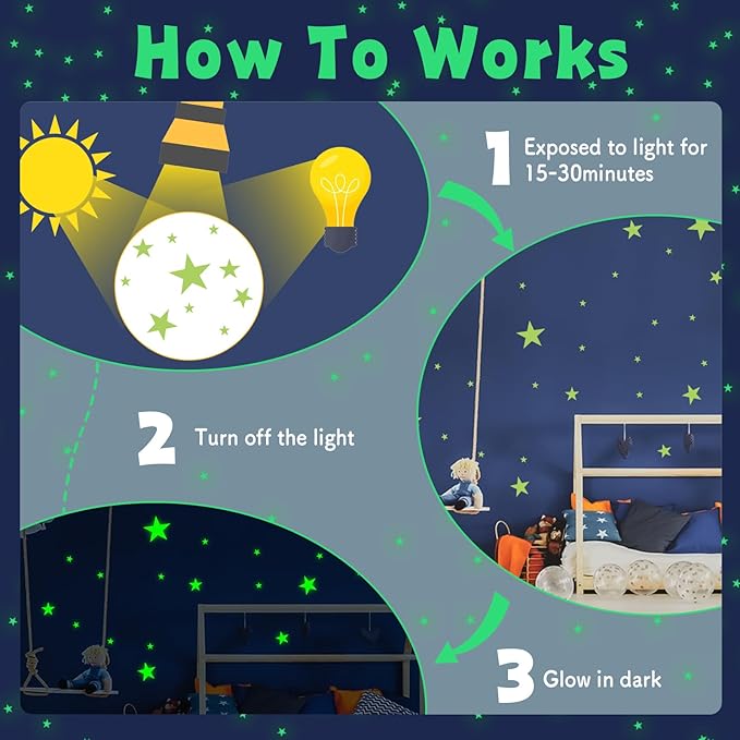 Glow in The Dark Stars Wall Stickers - 6 Sheets 307 Pcs Glowing Wall Decals Ceiling Stickers, Stick on Stars Glow in The Dark for Baby Kids Bedroom Wall Decor