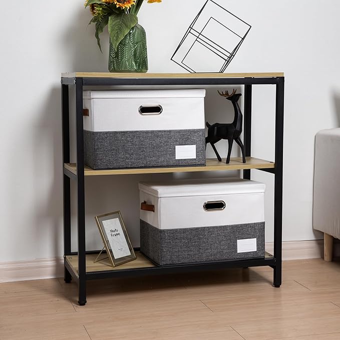 PRANDOM Foldable Storage Bins with Lids [3-Pack] Fabric Collapsible Storage Boxes Baskets Cubes Containers with Handles for Closet Living Room Bedroom (Grey & White 17.7x11.8x11.8'')