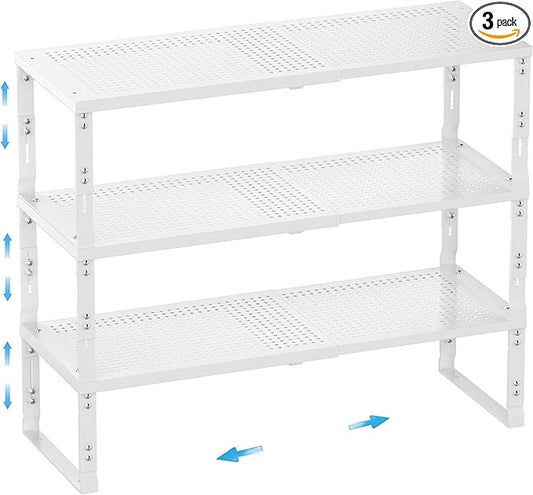 Expandable Spice Rack,Stackable Storage for Cabinet, Multi-Functional Kitchen Shelving,Height-Adjustable,Sustainable Organizer Solution(3Packs/White/Large)