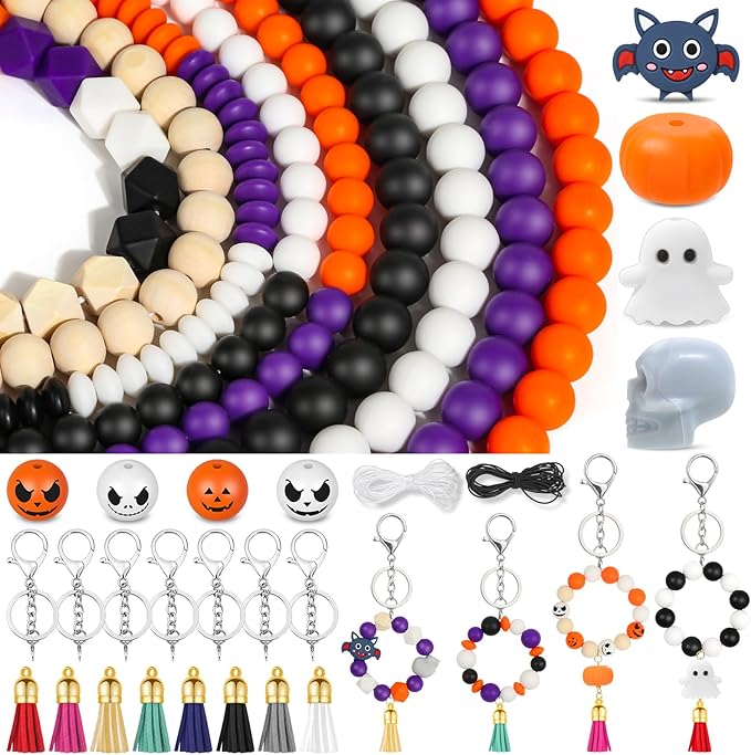221PCS Halloween Silicone Beads for Keychain Making, Silicone Focal Bead Bulk with 15mm 14mm Loose Bead, 14mm Hexagonal Rubber Bead, Wooden Bead, Silicone Abacus Bead for DIY Necklace Bracelet Lanyard