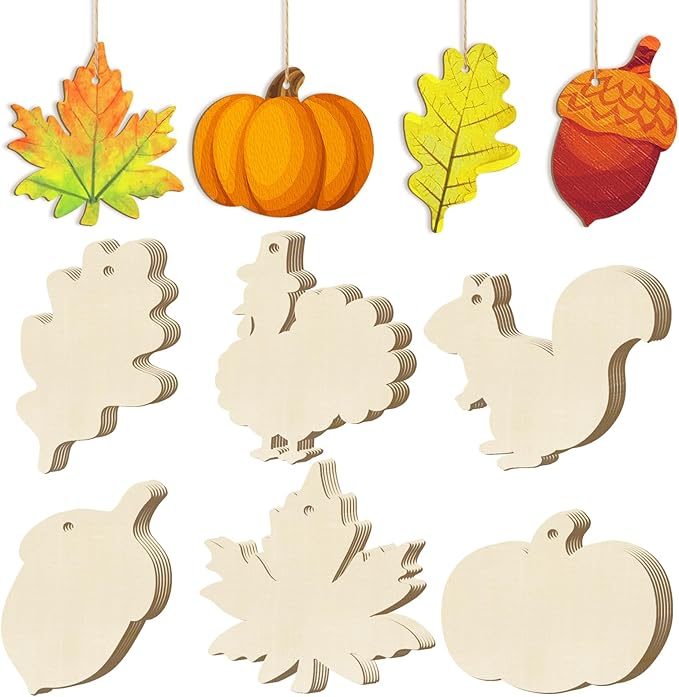 36PCS Wooden Fall Ornaments to Paint Thanksgiving Decorations, 6 Styles DIY Blank Autumn Unfinished Wood Maple Leaves Turkey Pumpkin Halloween Cutouts Ornament for Crafts Birthday Party Gifts Hanging