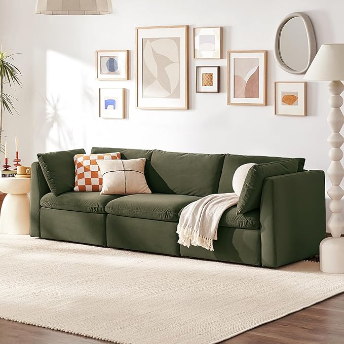 mopio Oversized Modular Sectional Sofa with Fully Removable Covers and Storage, Convertible U, L-Shaped and Sleeper Sectional, Modern Couches with Ottoman Chaise (Olive Green Velvet, 3 Seater)