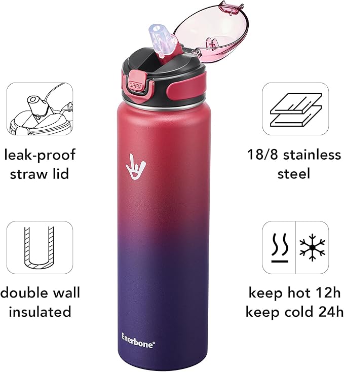 Enerbone 32 oz Insulated Water Bottle, Stainless Steel Bottle with Carrying Strap, Double-Wall Vacuum Insulation Design, Leakproof Sports Bottle with Straw, Keep Drinks Cold or Hot for Hours
