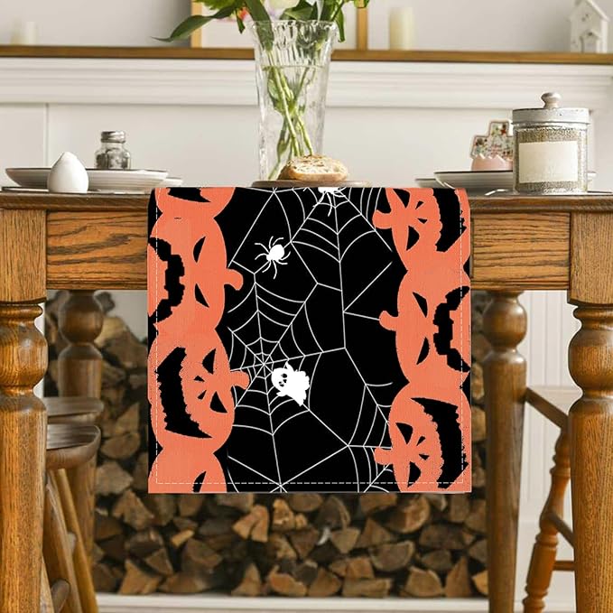 Halloween Table Runner Black and Orange Pumpkin Spider Web Table Linen Runner Halloween Decoration 13x36 Inch Table Runner for Dinning Kitchen Indoor Outdoor Halloween Kitchen Decor