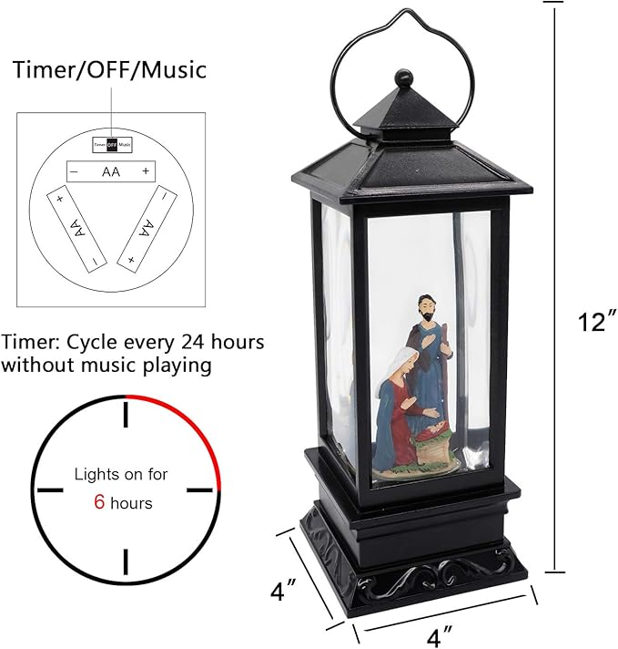 Eldnacele Musical Snow Globe Lantern Lighted Lamp USB Lined in Swirling Glitter Water Lantern Lamp Christmas Nativity Decoration Hurrican Light Timer 12" (Nativity)