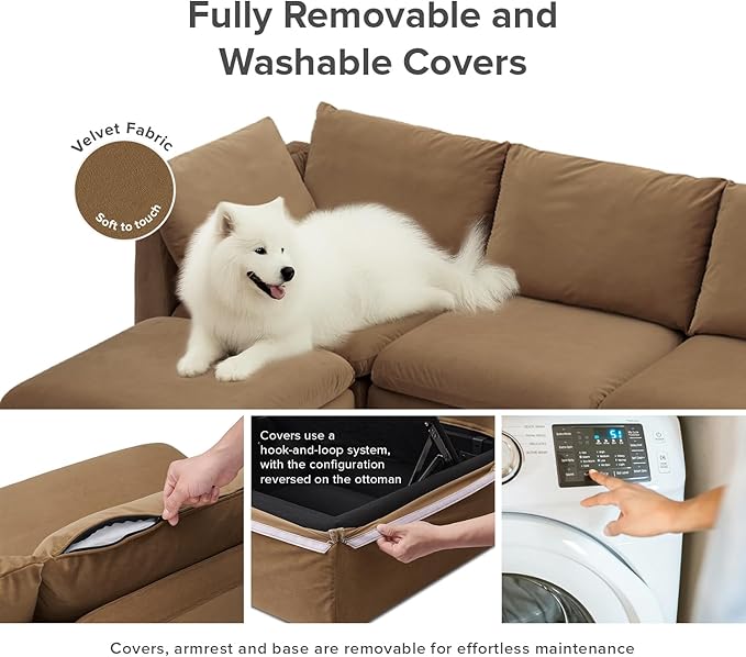 mopio Oversized Modular Sectional Sofa with Fully Removable Covers and Storage, Convertible U, L-Shaped and Sleeper Sectional, Modern Couches with Ottoman Chaise (Hazelnut Velvet, 4 Seats, L)