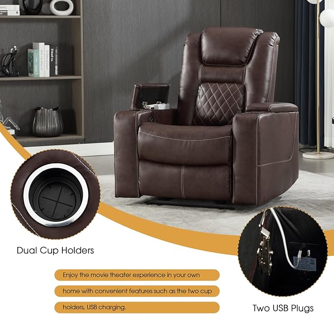 CANMOV Electric Power Recliner Chair with USB Ports and Cup Holders, Breathable Leather Home Theater Seating with Hidden Arm Storage (Red Brown)